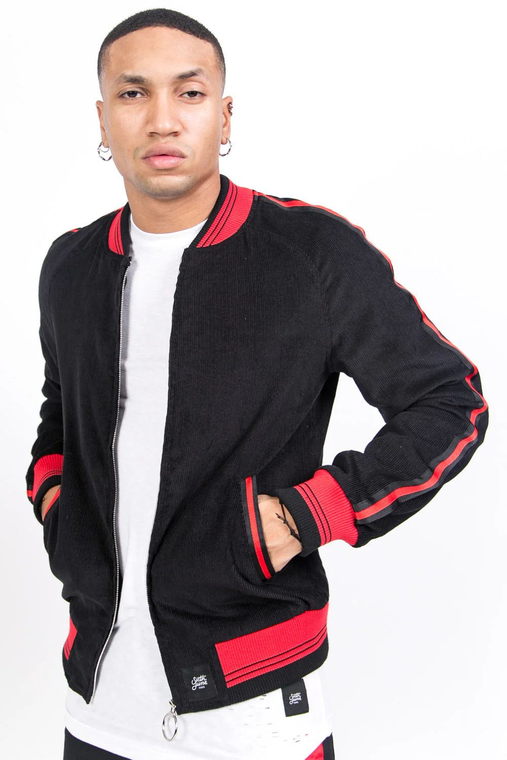 Veste velours côtelé bandes noir rouge - Image 6
